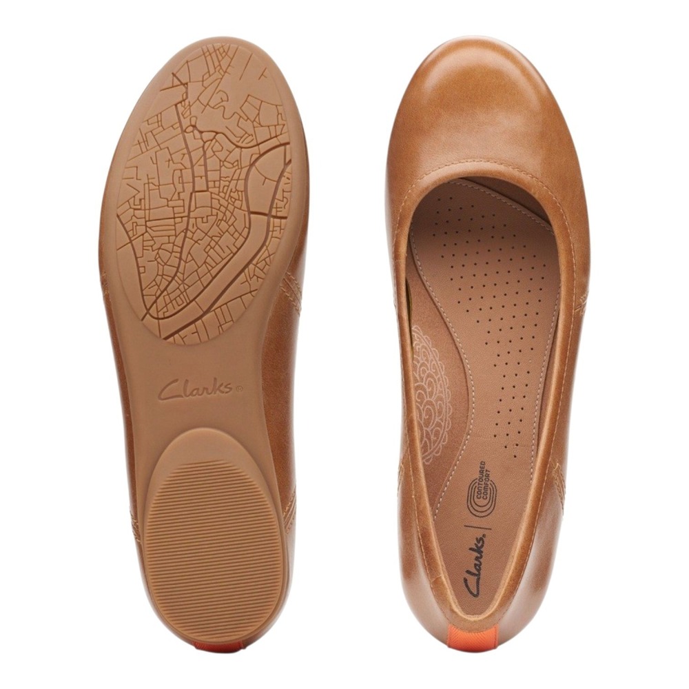Clarks Women's Canebay Plain‎ Ballet Flat 7 W Dark Tan Leather (61474) NEW